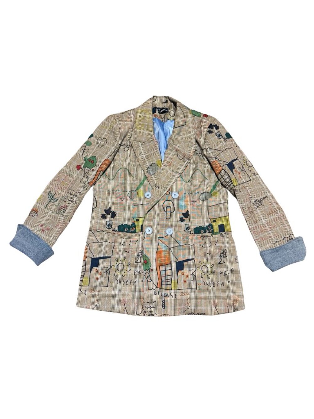 Aikha Double Breasted Plaid Blazer Bold Graffiti Sketch Drawing Print Medium Lg